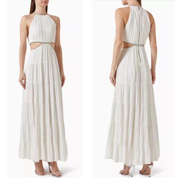 Alice + Olivia Myrtice Crystal Embellished Cutout Pleated White Maxi Dress Sz 10 - Picture 1 of 11